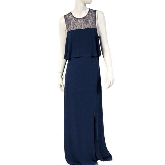 Womens NWT BCBG MaxAzria Cascading Back Ruffle Side Slit Formal Gown Navy - Picture 1 of 12